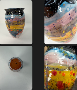 Hand thrown terra cotta vases with multi colored glazed stripes
