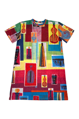 Vintage Fabric Vase Tissue Paper Collage Print Dress