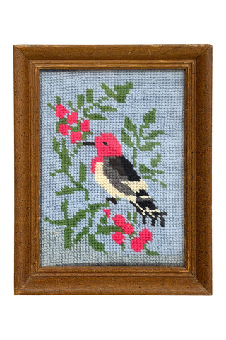 1960s Vintage "Woodpecker in Berry Bush" Needlepoint Art