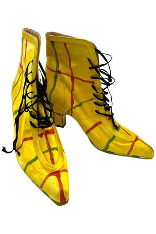 Fall 1994 Todd Oldham Hand-Painted Plaid Satin Ankle Boots, Size 40