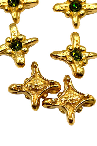 1994 24kt Gold Plated Star Buttons with Green Swarovski Crystals, Set of 7