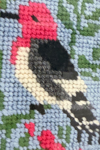 1960s Vintage "Woodpecker in Berry Bush" Needlepoint Art