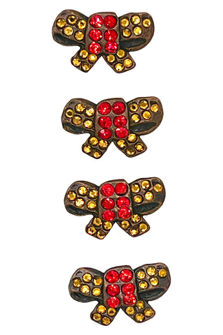 1995 Jeweled Bow Tie Buttons with Swarovski Crystyals, Red and Gold, Set of 4