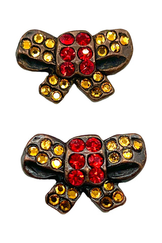 1995 Jeweled Bow Tie Buttons with Swarovski Crystyals, Red and Gold, Set of 4