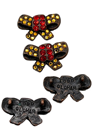 1995 Jeweled Bow Tie Buttons with Swarovski Crystyals, Red and Gold, Set of 4
