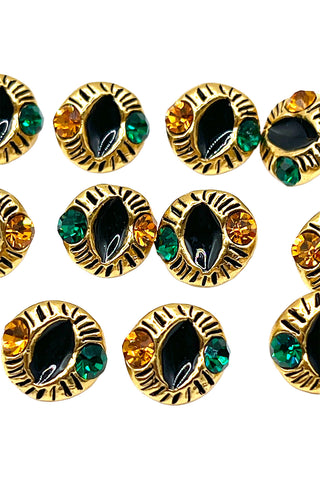 1994 24 kt Gold Plated Cat Eye Enameled Buttons With Swarovski Crystals, Set of 10