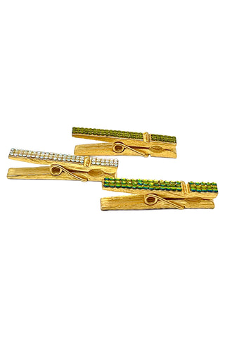 Spring 1995 Todd Oldham Small 24 kt Gold Plated Clothespins Encrusted in Swarovski Crystals, Set of 3