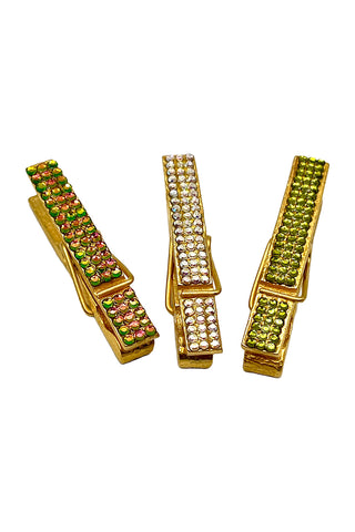 Spring 1995 Todd Oldham Small 24 kt Gold Plated Clothespins Encrusted in Swarovski Crystals, Set of 3