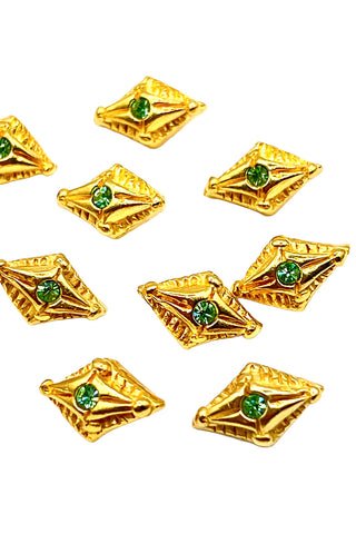 1994 24 kt Gold Plated Diamond Shaped Button With Lime Swarovski Crystals, Set of 10