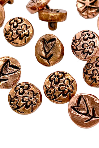 1996 Copper Plated Etched Flower Small Buttons, Set of 18