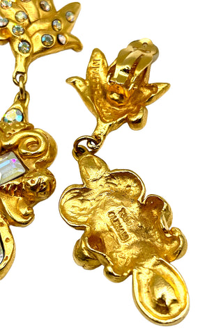 Fall 1993 Todd Oldham 24 kt Gold Plated Jeweled Flame Top And Triple Stone Drop Earrings