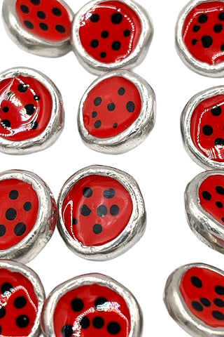 Vintage Silver Plated Lacquered Ladybug Buttons, Set of 12