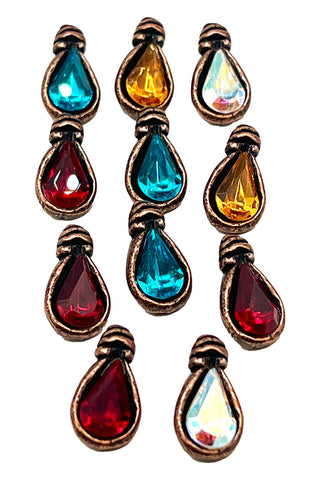 1994 Ebonized Copper Rain Drop Buttons with Jewel Tone Crystals, Set of 11