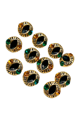 1994 24 kt Gold Plated Cat Eye Enameled Buttons With Swarovski Crystals, Set of 10