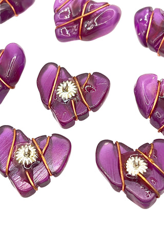 Vintage Todd Oldham Hand Poured Resin and Copper Wire Purple Heart Buttons, Set of 8