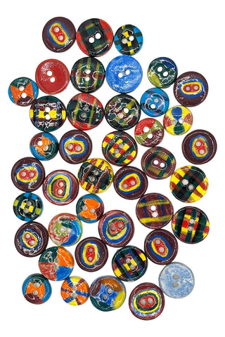 Vintage Todd Oldham Round Porcelain Hand Painted Buttons Mixed Patterns, Set of 38