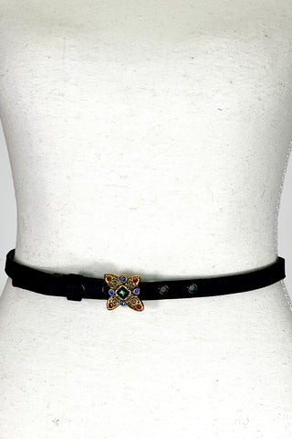 Fall 1995 Todd Oldham Black Matte Satin Belt With 24 kt Gold-Plated Flower Buckle