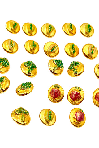 1994 24 kt Gold Plated and Hand Lacquered Peas, Onions and Broccoli Buttons, Set of 23